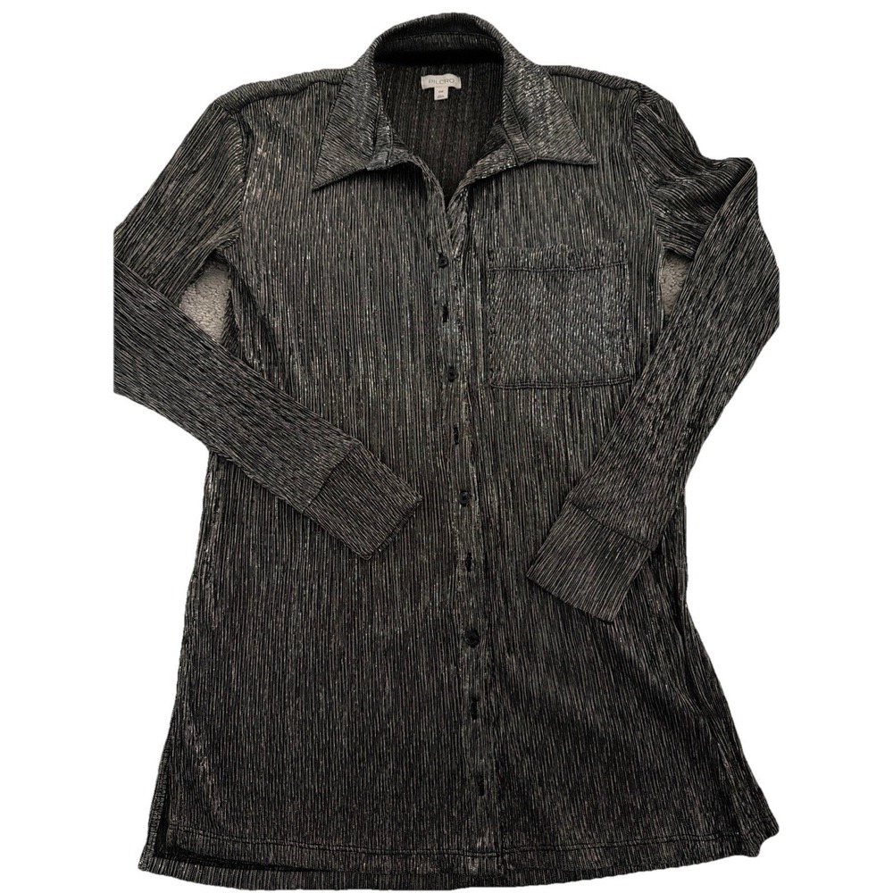 Pilcro Anthropologie Womens‎ XXS Black Silver Metallic Pleated Button Down Tunic